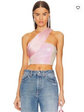 superdown One-Shoulder Pink Sequin Draped Crop Top